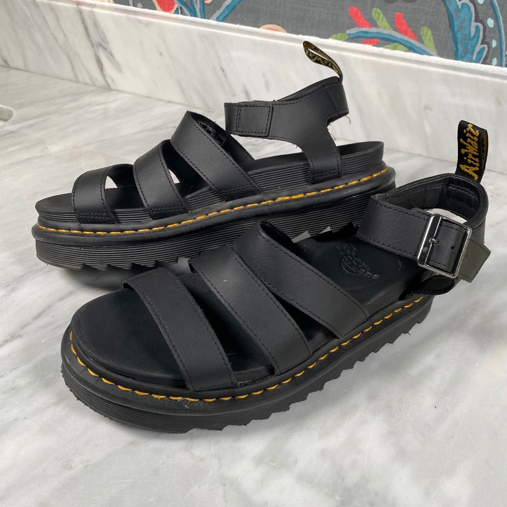 Dr. Martens Black Leather Platform Gladiator Sandals with Yellow Stitching